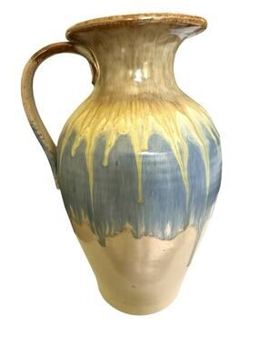 Hand-Thrown Italian Studio Pottery Pitcher‎ Drip Glazed Blue Sand Stoneware 9” T